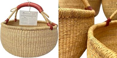 Large Round Bolga Basket with Leather Handle (Ghana)
