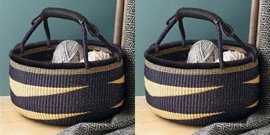 Large Bolga Basket: Navy/Tan, Woven Plant Pot/Shopper (14"-16")
