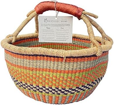 Ghanaian Handwoven Elephant Grass Basket, Large, Colorful, Leather Handles
